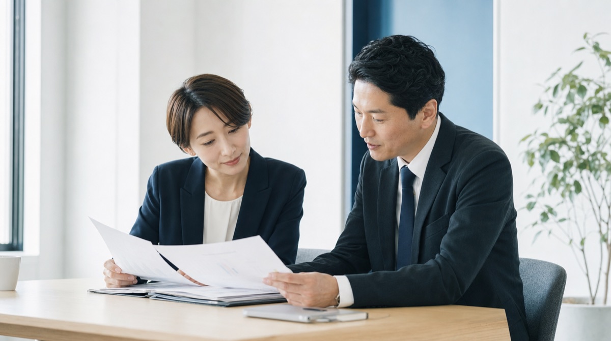 書類を確認する採用担当者たち