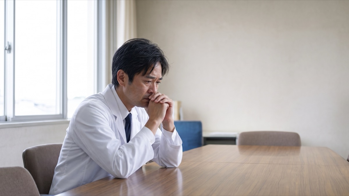 会議室で一人思い詰めた表情を浮かべる白衣姿の医師