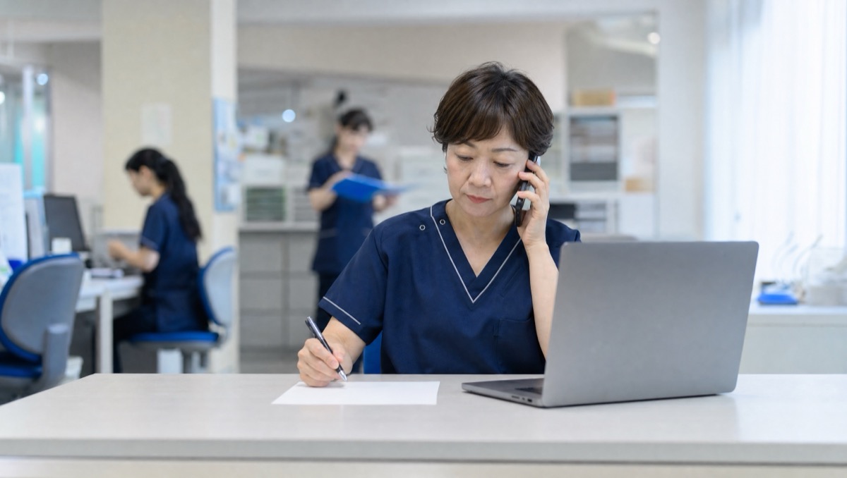 診療の合間に採用資料を広げる院長・師長の散らかった机のイメージ