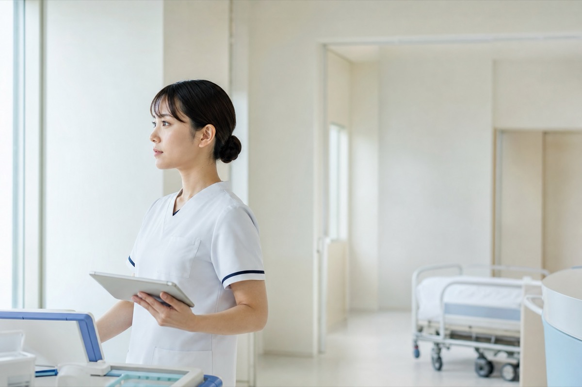 新人看護師と先輩看護師が並んで働くナースステーションのイメージ