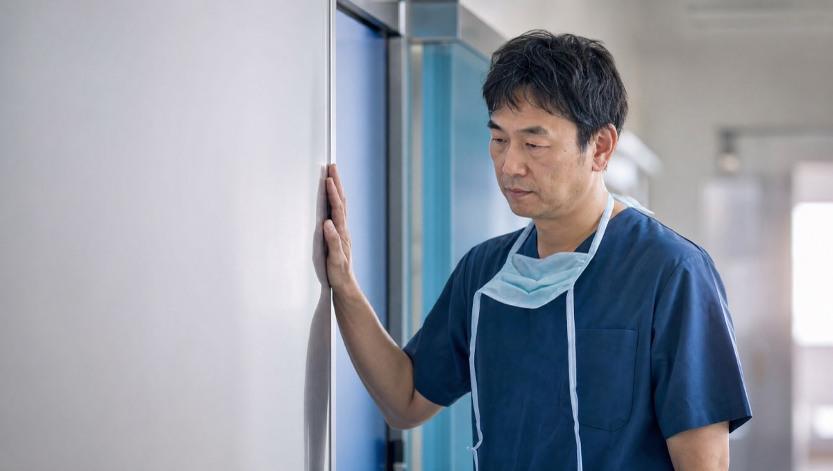手術後、遅い時間に着替える外科医の後ろ姿のイメージ